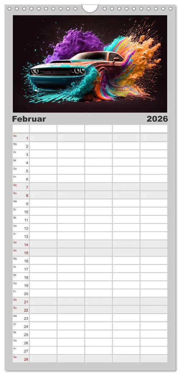 Bild: 9783516500851 | Familienplaner 2026 - Supercars im Farbenrausch mit 5 Spalten...