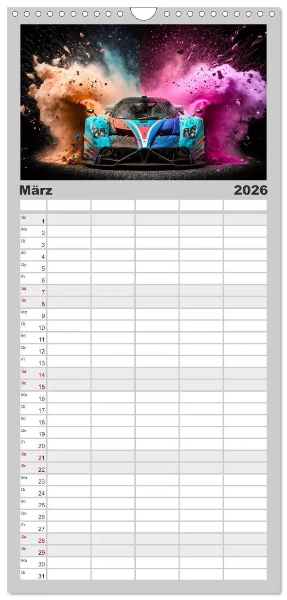 Bild: 9783516500851 | Familienplaner 2026 - Supercars im Farbenrausch mit 5 Spalten...