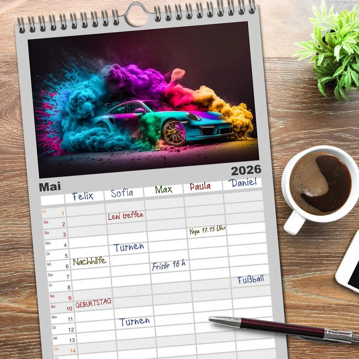 Bild: 9783516500851 | Familienplaner 2026 - Supercars im Farbenrausch mit 5 Spalten...