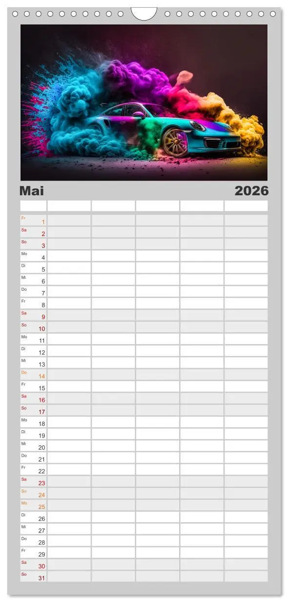 Bild: 9783516500851 | Familienplaner 2026 - Supercars im Farbenrausch mit 5 Spalten...