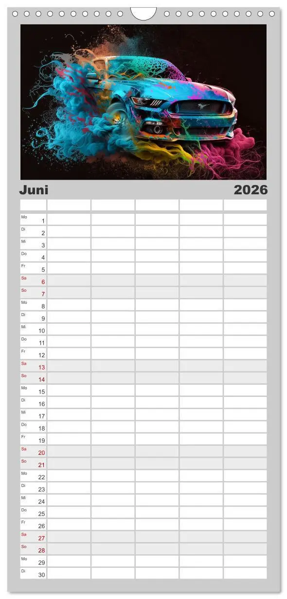 Bild: 9783516500851 | Familienplaner 2026 - Supercars im Farbenrausch mit 5 Spalten...