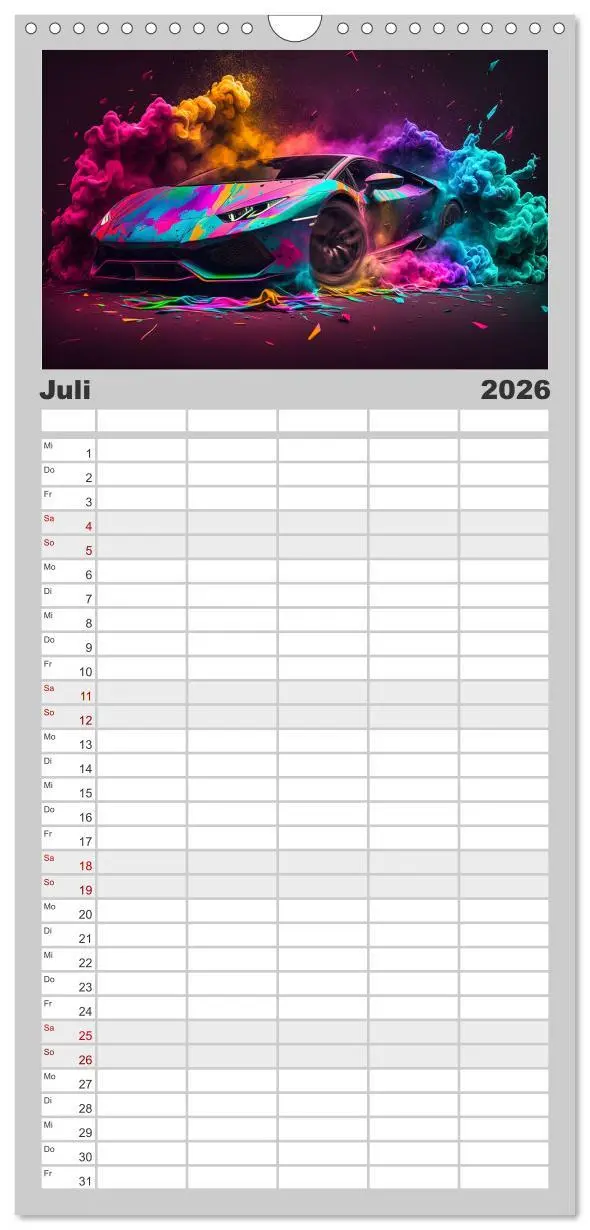 Bild: 9783516500851 | Familienplaner 2026 - Supercars im Farbenrausch mit 5 Spalten...