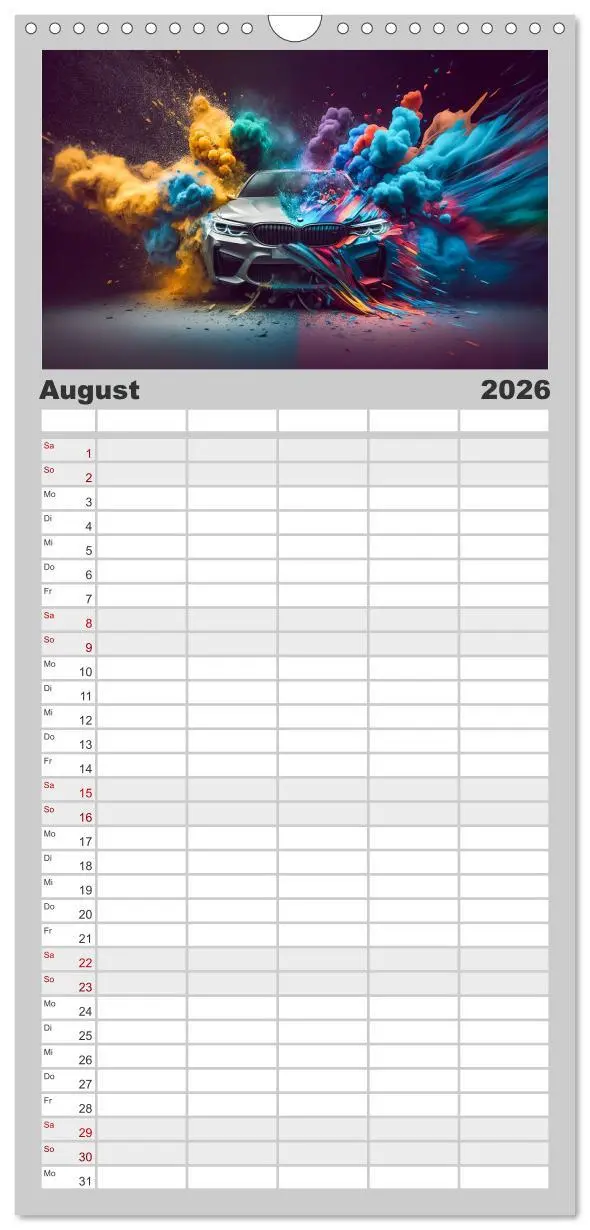 Bild: 9783516500851 | Familienplaner 2026 - Supercars im Farbenrausch mit 5 Spalten...