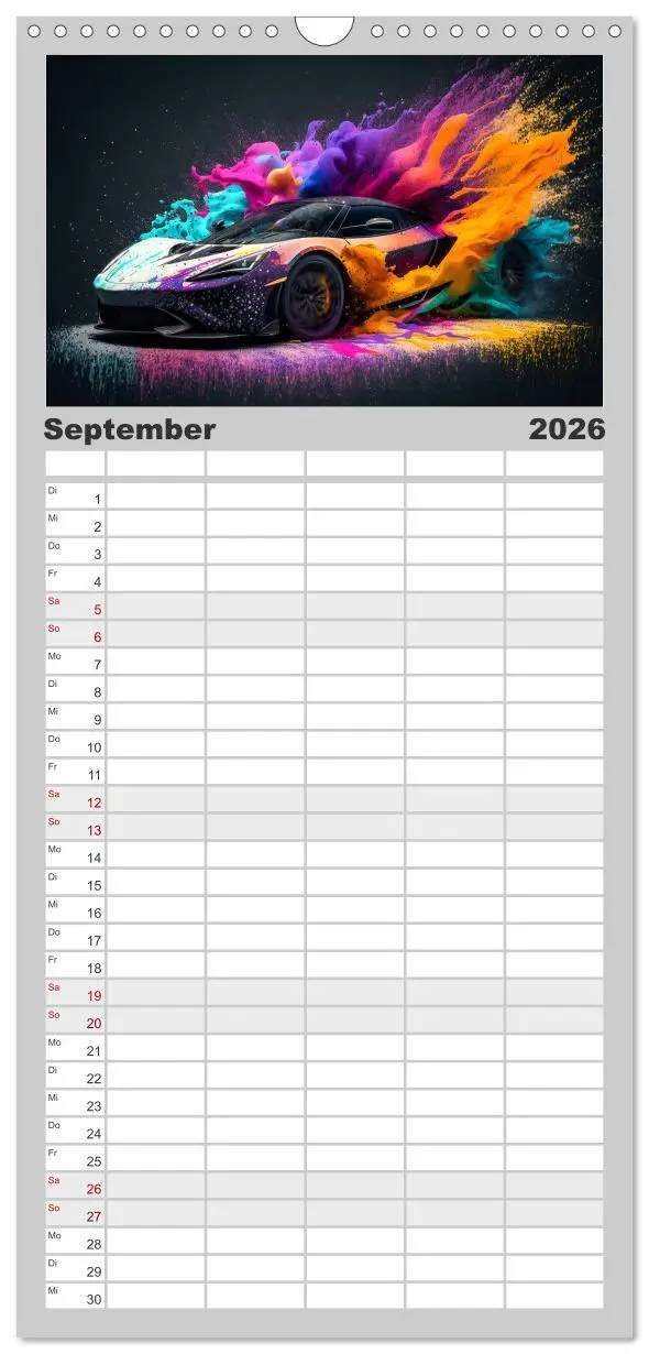 Bild: 9783516500851 | Familienplaner 2026 - Supercars im Farbenrausch mit 5 Spalten...