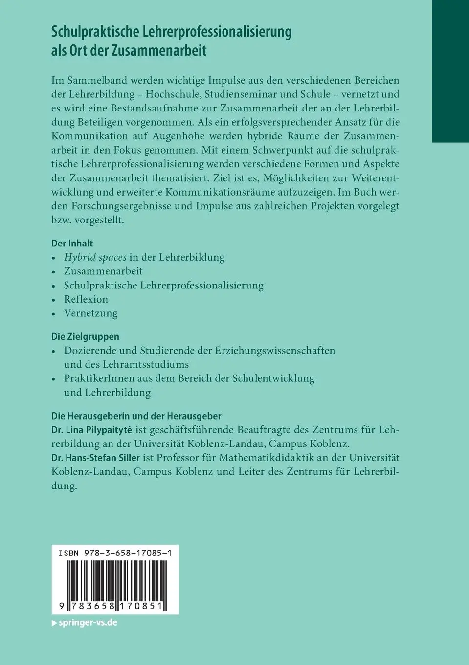 Rückseite: 9783658170851 | Schulpraktische Lehrerprofessionalisierung als Ort der Zusammenarbeit