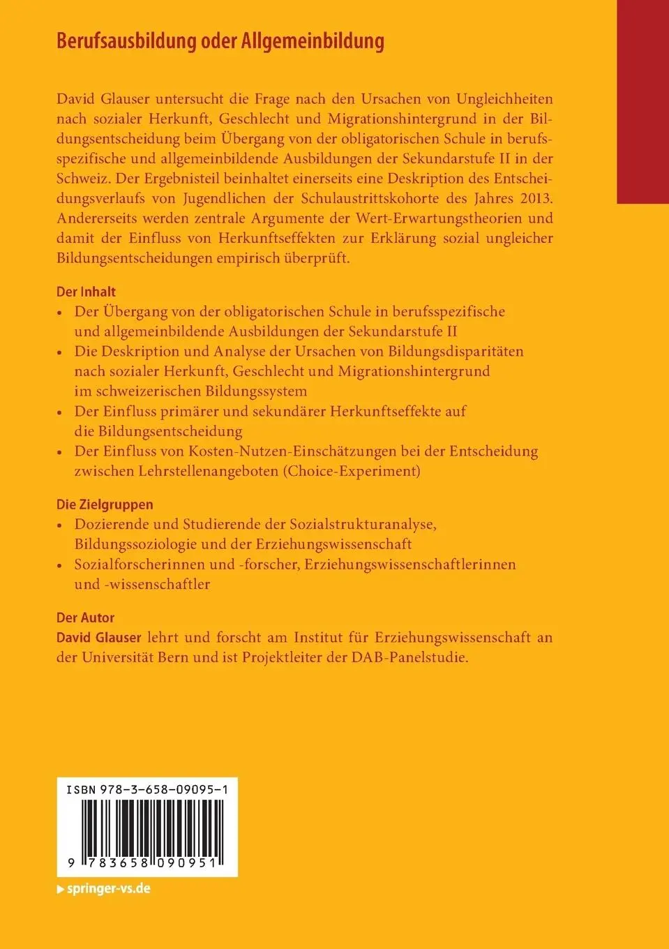 Rückseite: 9783658090951 | Berufsausbildung oder Allgemeinbildung | David Glauser | Taschenbuch