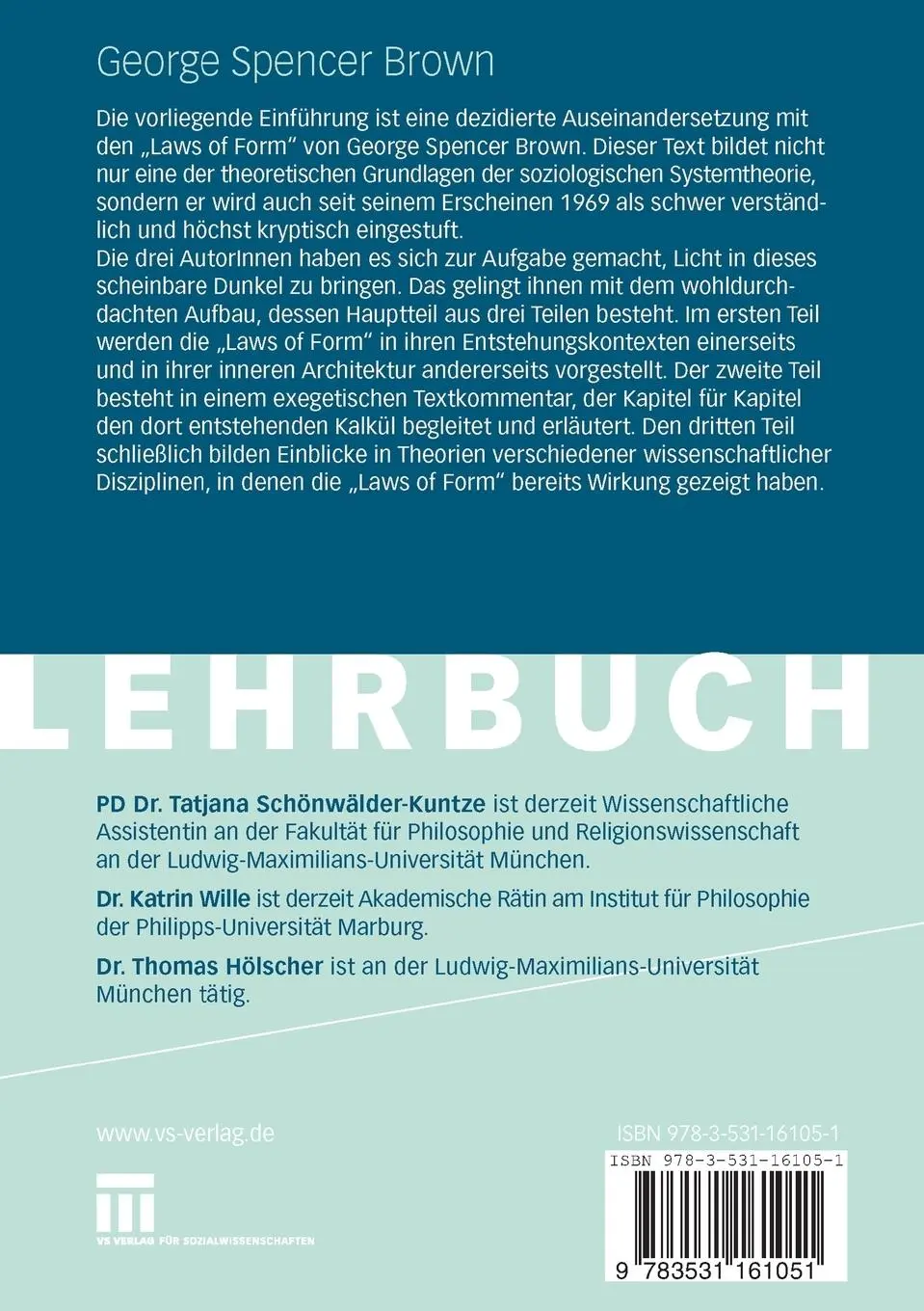 Rückseite: 9783531161051 | George Spencer Brown | Eine Einführung in die "Laws of Form" | Buch