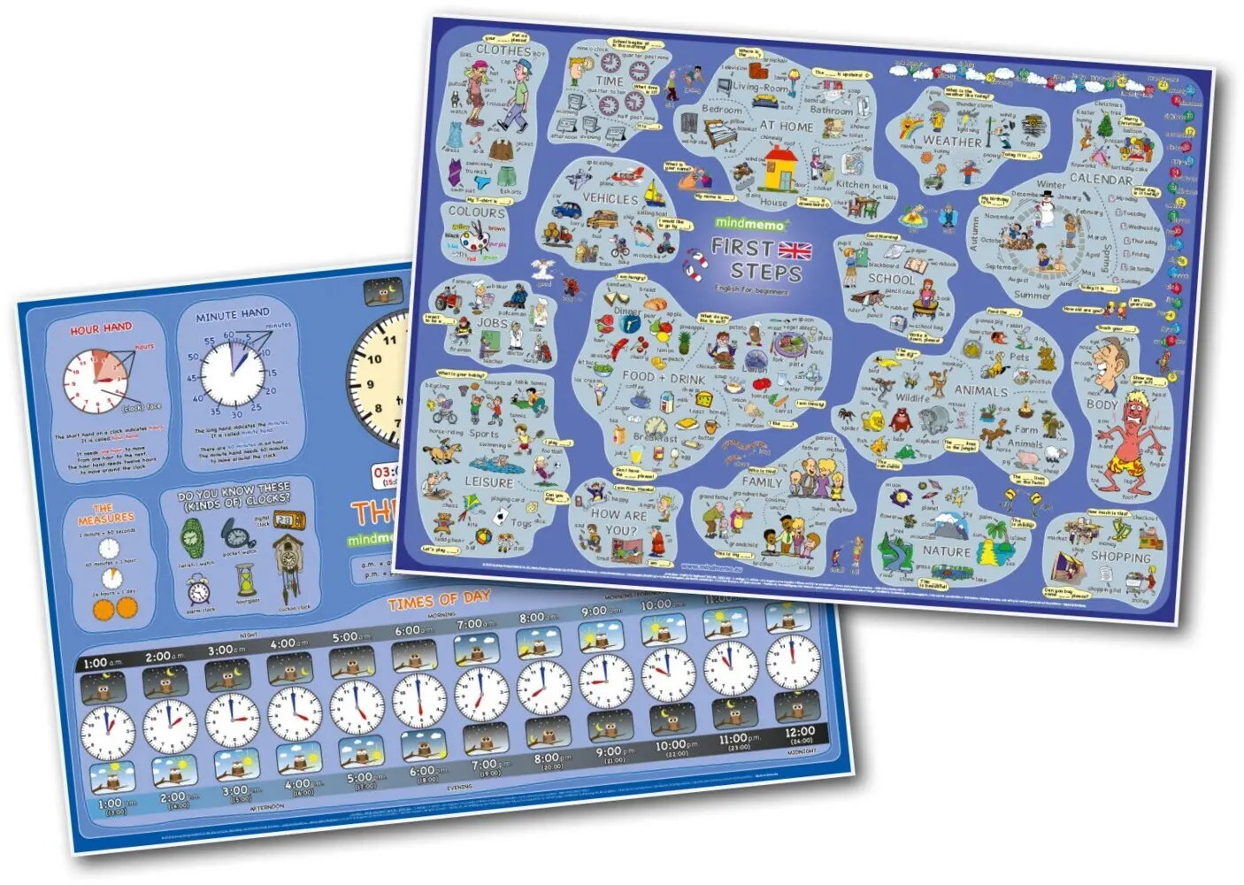 Cover: 9783954131051 | mindmemo Lernposter 2er Set - First Steps &amp; The Time (Englisch für...