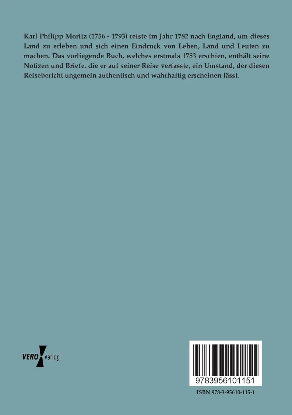 Rückseite: 9783956101151 | Reisen eines Deutschen in England im Jahre 1782 | Karl Philipp Moritz