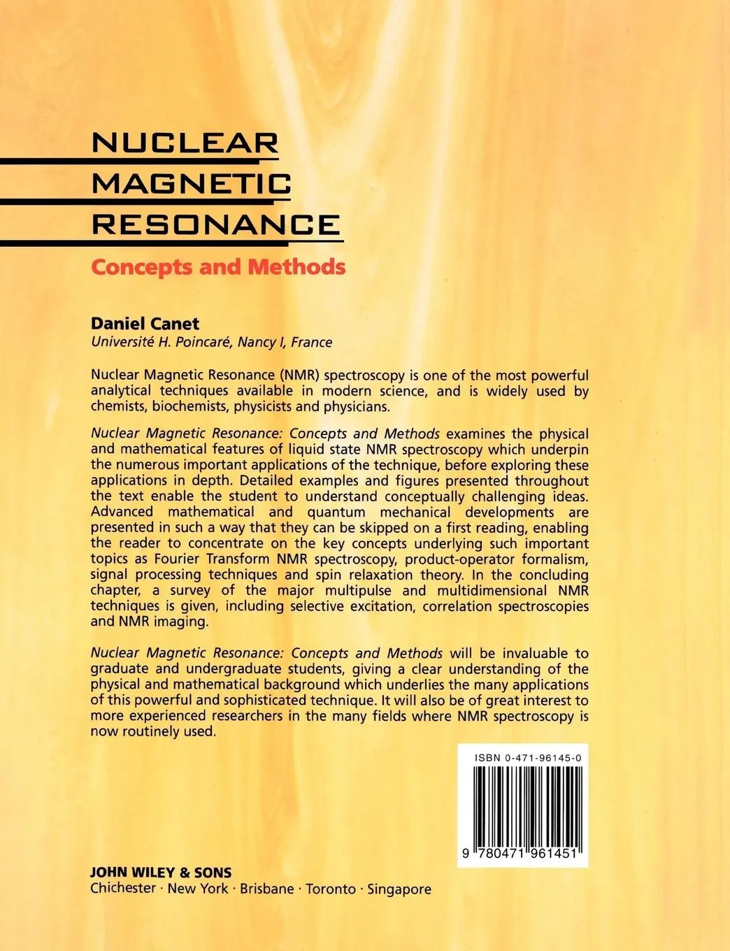 Rückseite: 9780471961451 | Nuclear Magnetic Resonance | Concepts and Methods | Daniel Canet | X