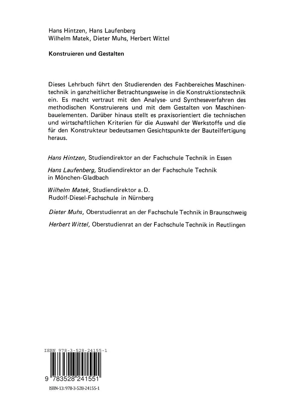 Rückseite: 9783528241551 | Konstruieren und Gestalten | Hans Hintzen (u. a.) | Taschenbuch | xii