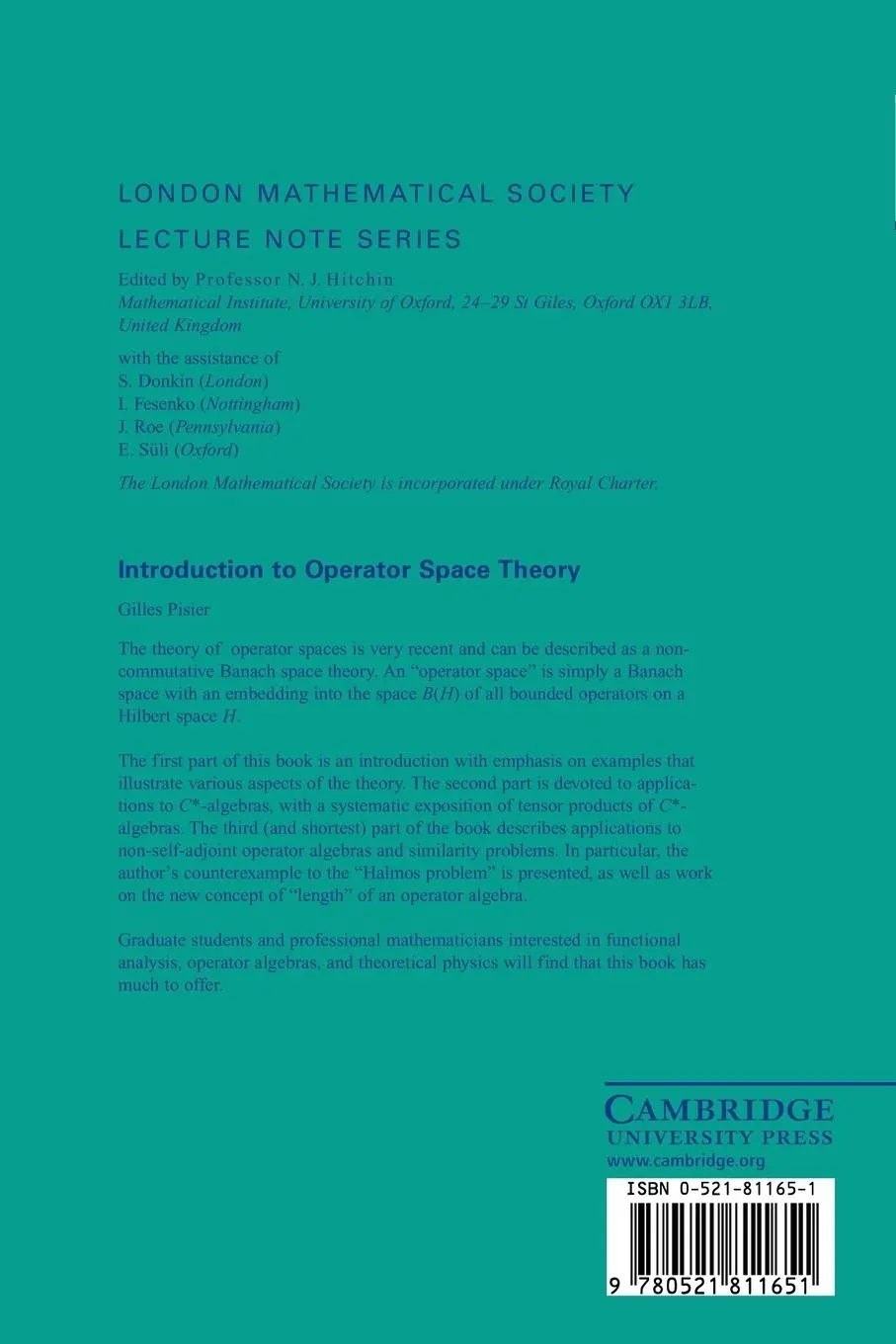 Rückseite: 9780521811651 | Introduction to Operator Space Theory | Gilles Pisier | Taschenbuch