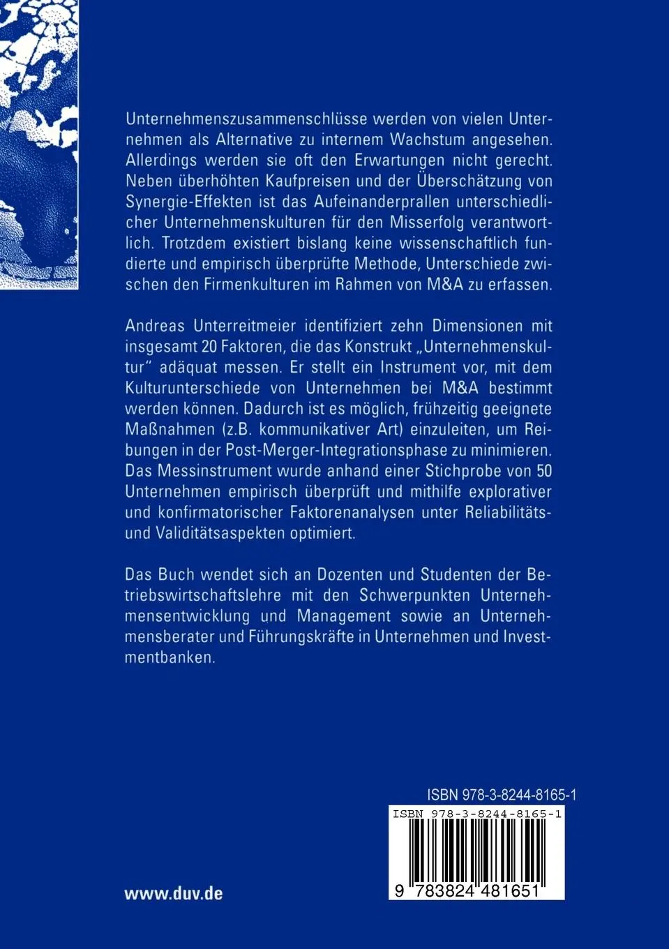 Rückseite: 9783824481651 | Unternehmenskultur bei Mergers &amp; Acquisitions | Andreas Unterreitmeier