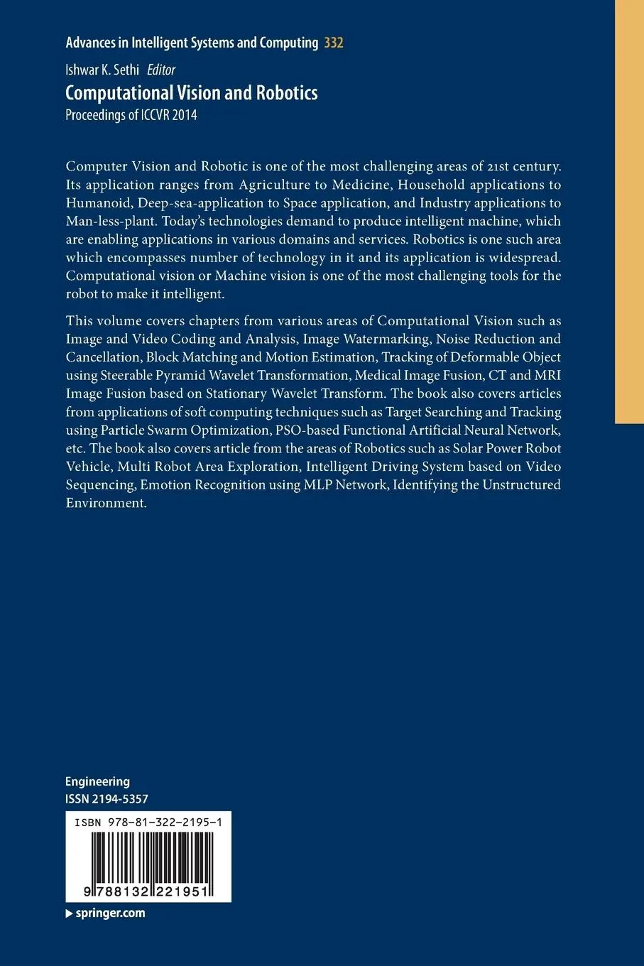 Rückseite: 9788132221951 | Computational Vision and Robotics | Proceedings of ICCVR 2014 | Sethi