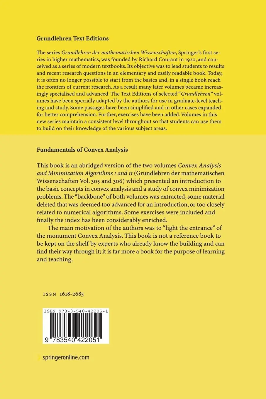 Rückseite: 9783540422051 | Fundamentals of Convex Analysis | Claude Lemaréchal (u. a.) | Buch | x