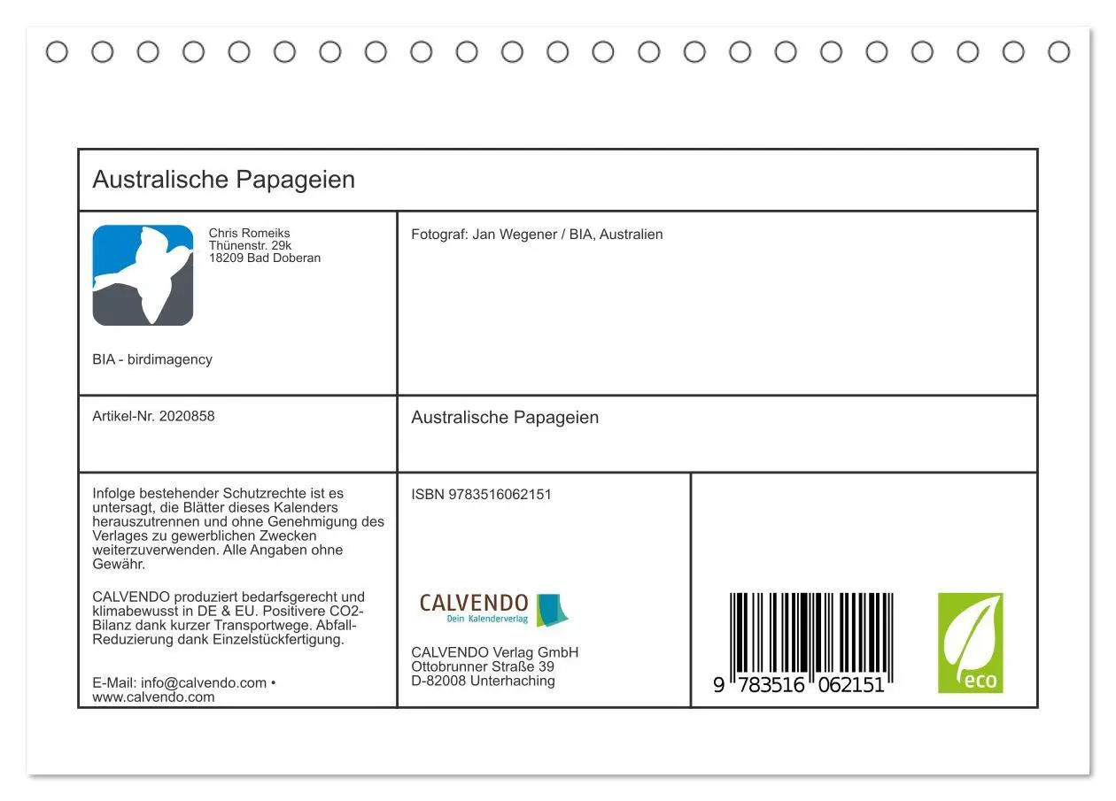 Bild: 9783516062151 | Australische Papageien (Tischkalender 2026 DIN A5 quer), CALVENDO...