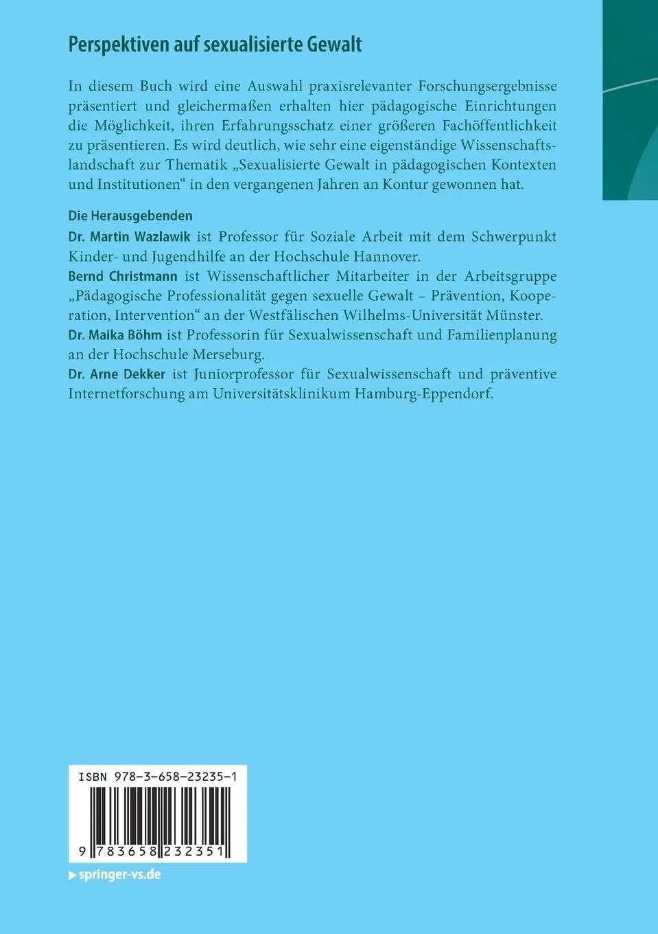Rückseite: 9783658232351 | Perspektiven auf sexualisierte Gewalt | Martin Wazlawik (u. a.) | Buch