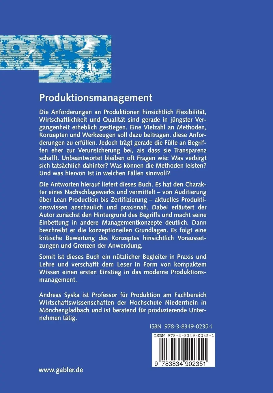 Rückseite: 9783834902351 | Produktionsmanagement | Andreas Syska | Taschenbuch | x | Deutsch