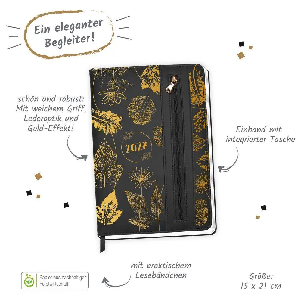 Bild: 4251901512451 | TRÖTSCH - Wochenplaner A5 mit Tasche Flowers black 2027 | KG | 144 S.