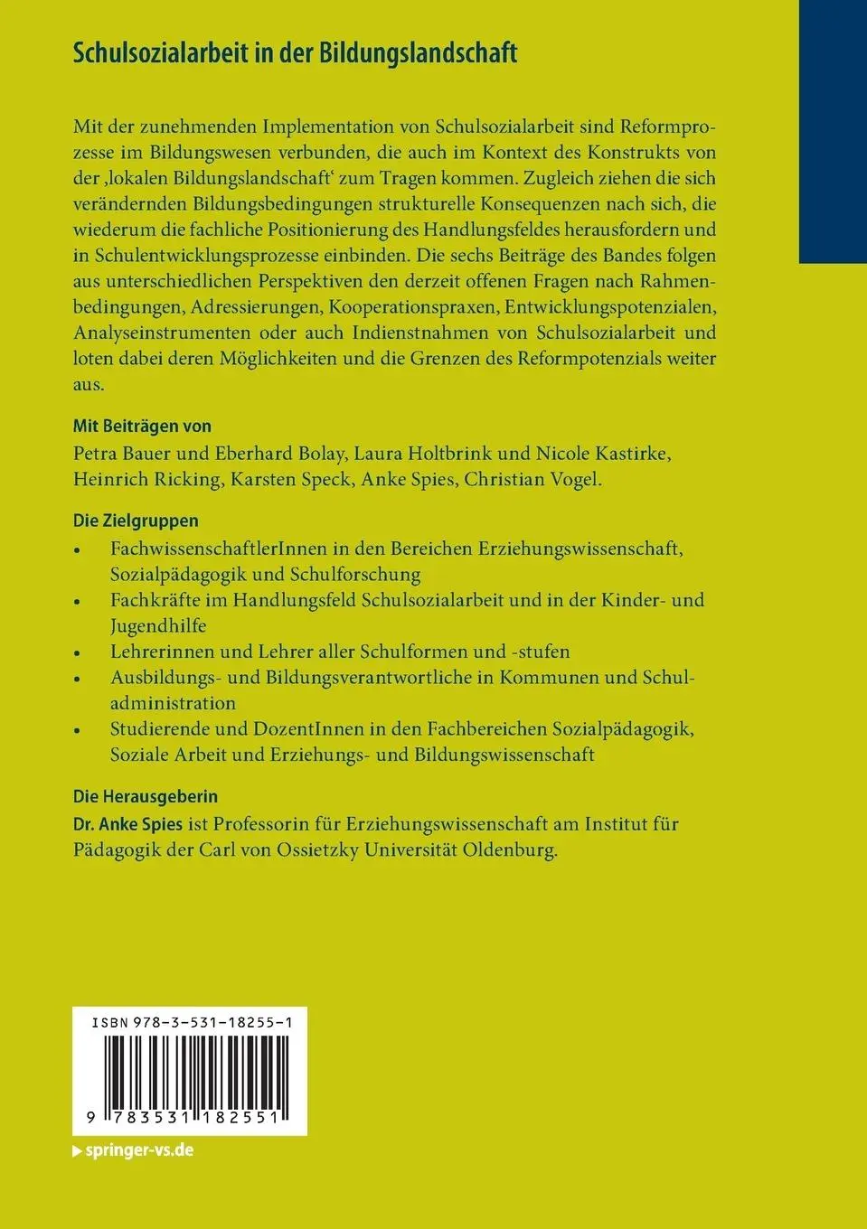 Rückseite: 9783531182551 | Schulsozialarbeit in der Bildungslandschaft | Anke Spies | Taschenbuch