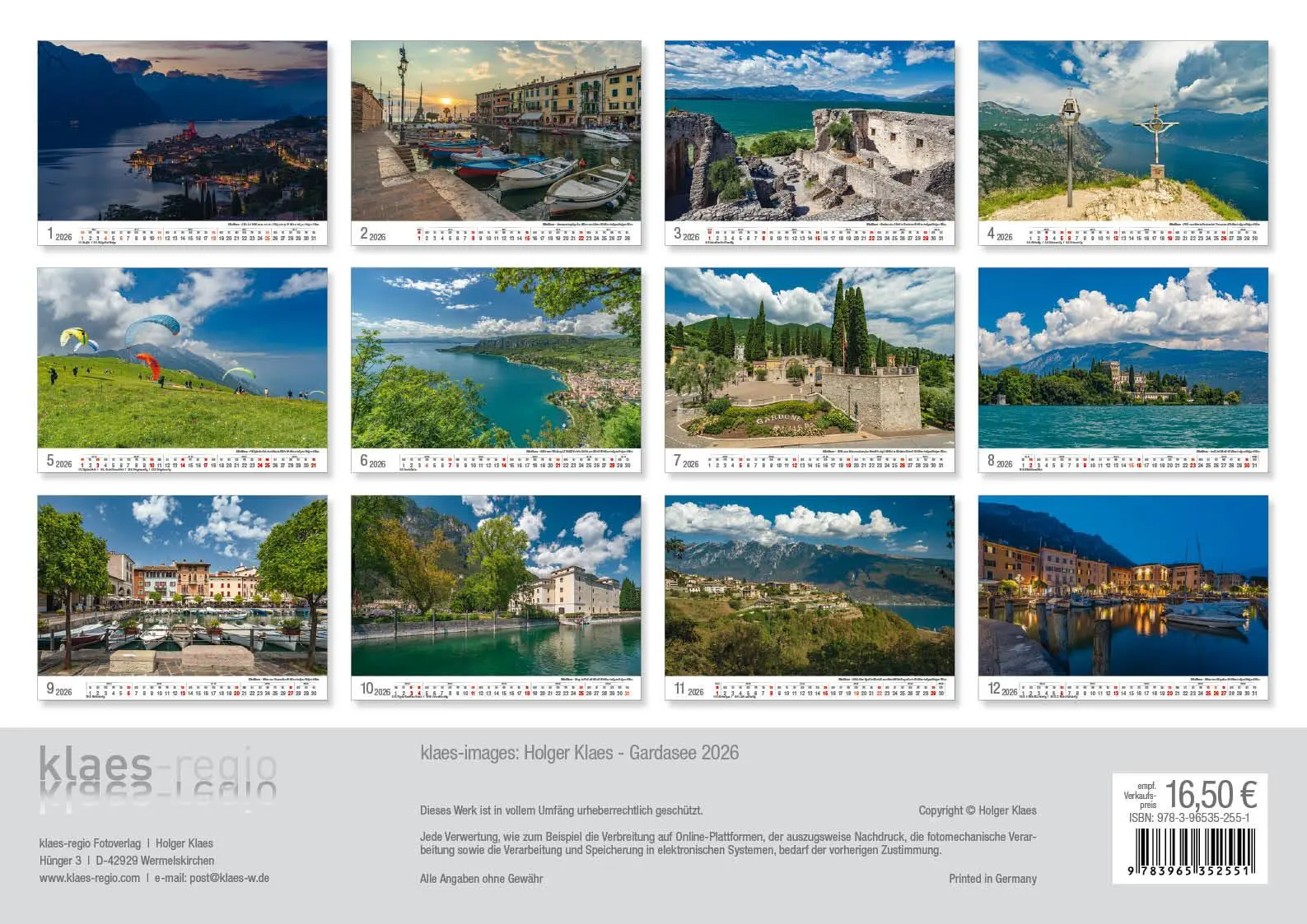 Rückseite: 9783965352551 | Gardasee 2026 Bildkalender A3 cm quer, spiralgebunden | Holger Klaes