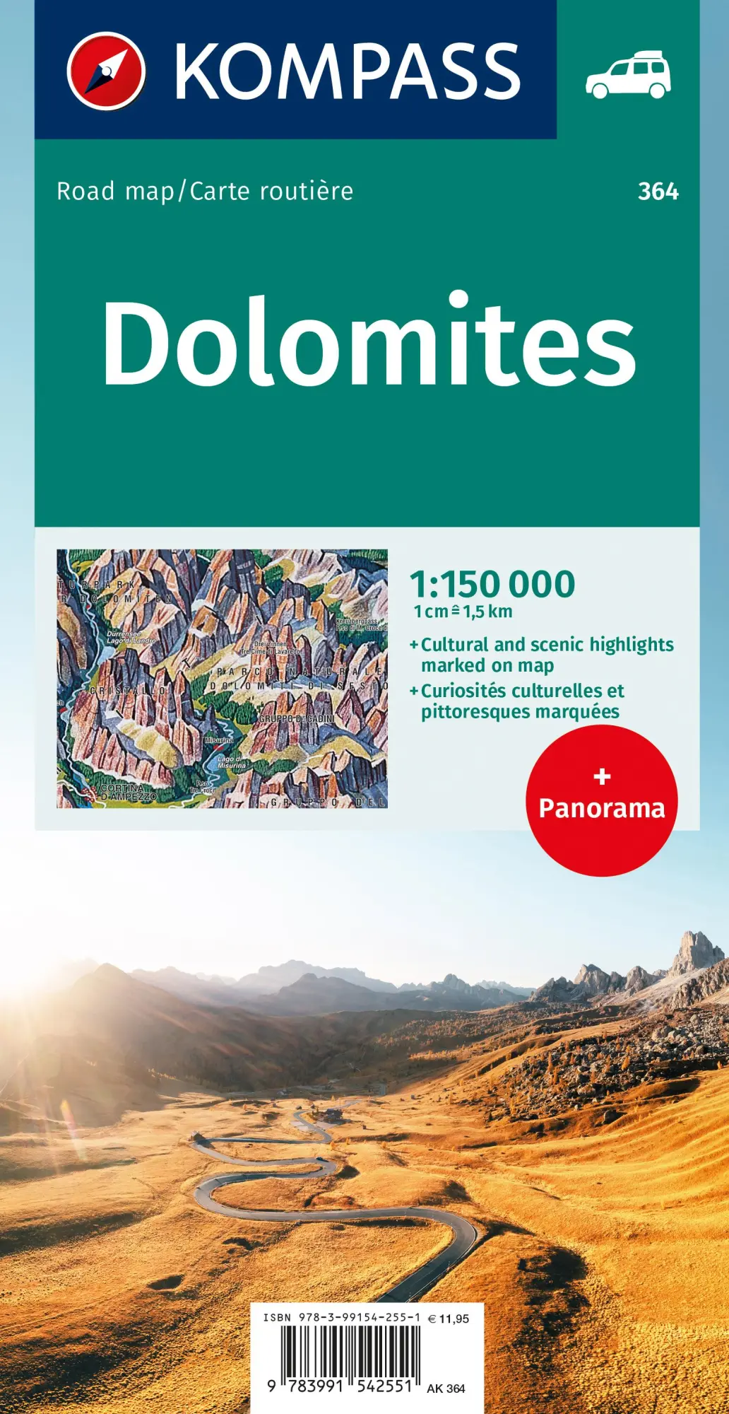 Rückseite: 9783991542551 | KOMPASS Autokarte und Panoramakarte Dolomiten / Dolomiti /...