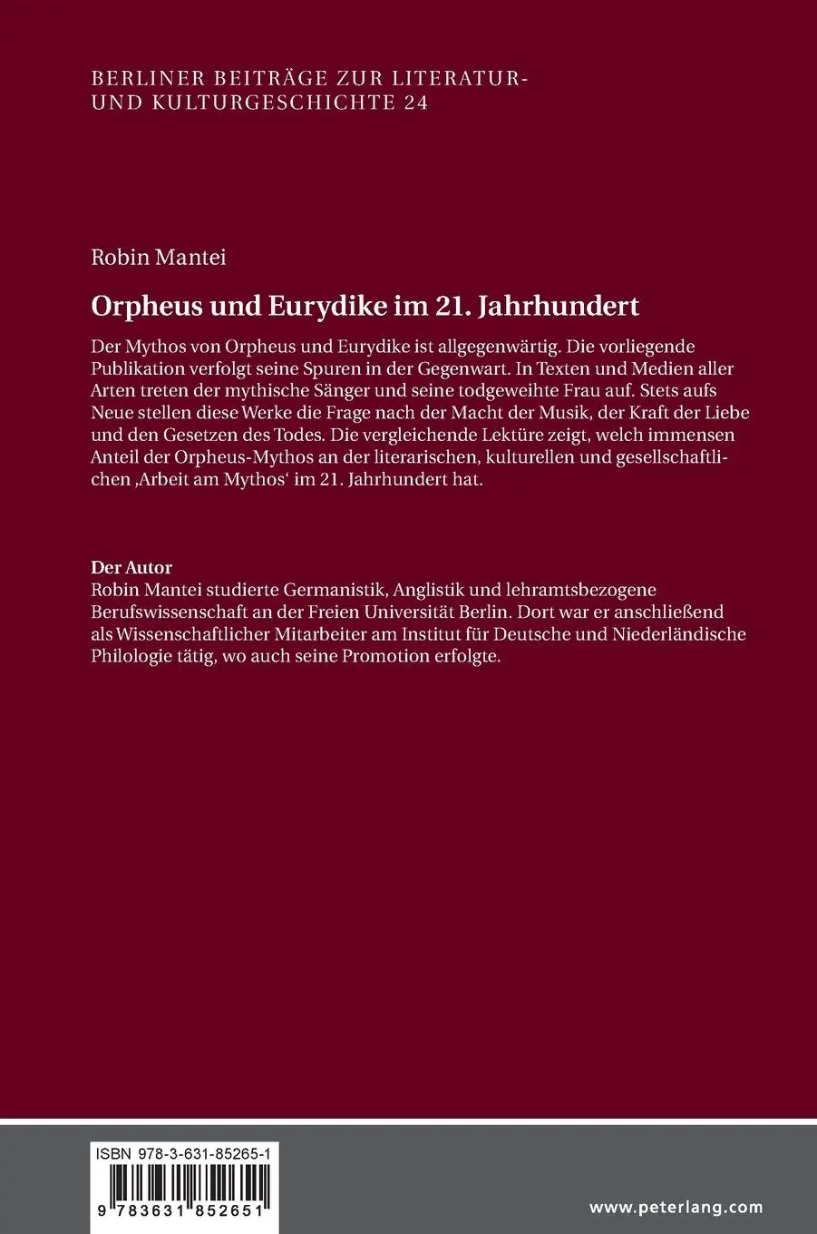 Rückseite: 9783631852651 | Orpheus und Eurydike im 21. Jahrhundert | Robin Mantei | Buch | 2021