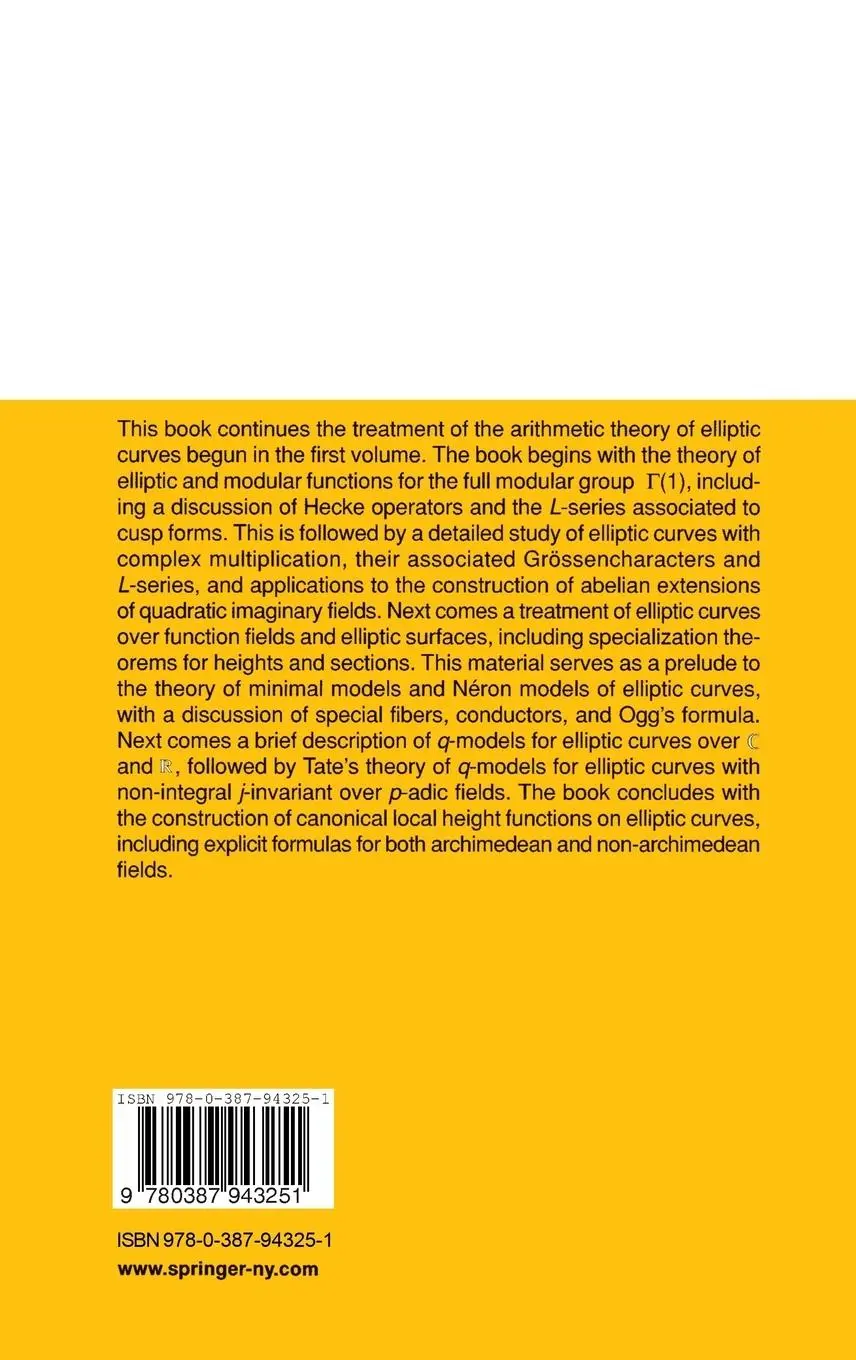 Rückseite: 9780387943251 | Advanced Topics in the Arithmetic of Elliptic Curves | Silverman