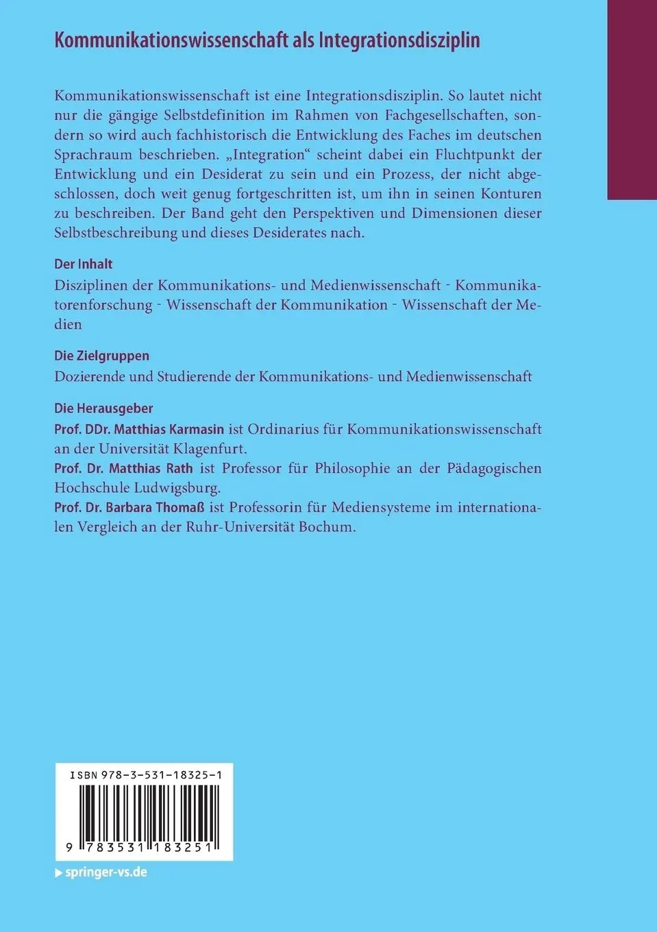 Rückseite: 9783531183251 | Kommunikationswissenschaft als Integrationsdisziplin | Taschenbuch