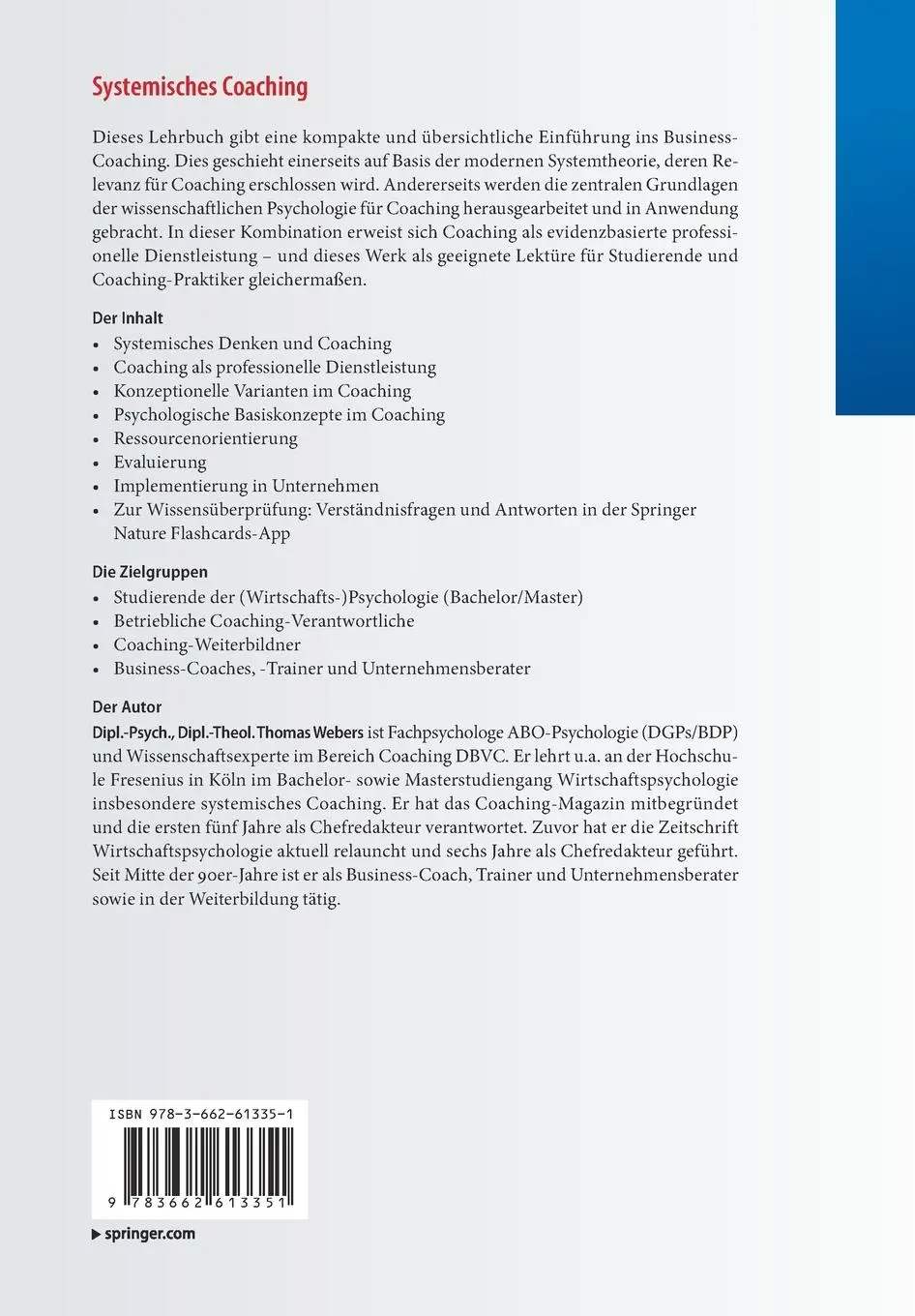 Rückseite: 9783662613351 | Systemisches Coaching | Psychologische Grundlagen | Thomas Webers