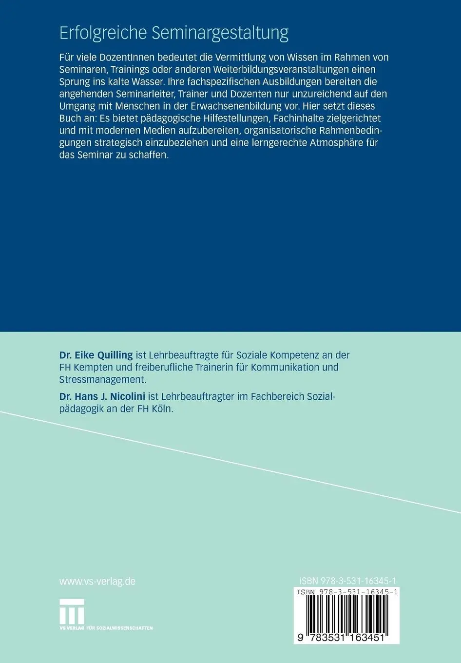 Rückseite: 9783531163451 | Erfolgreiche Seminargestaltung | Hans J. Nicolini (u. a.) | Buch