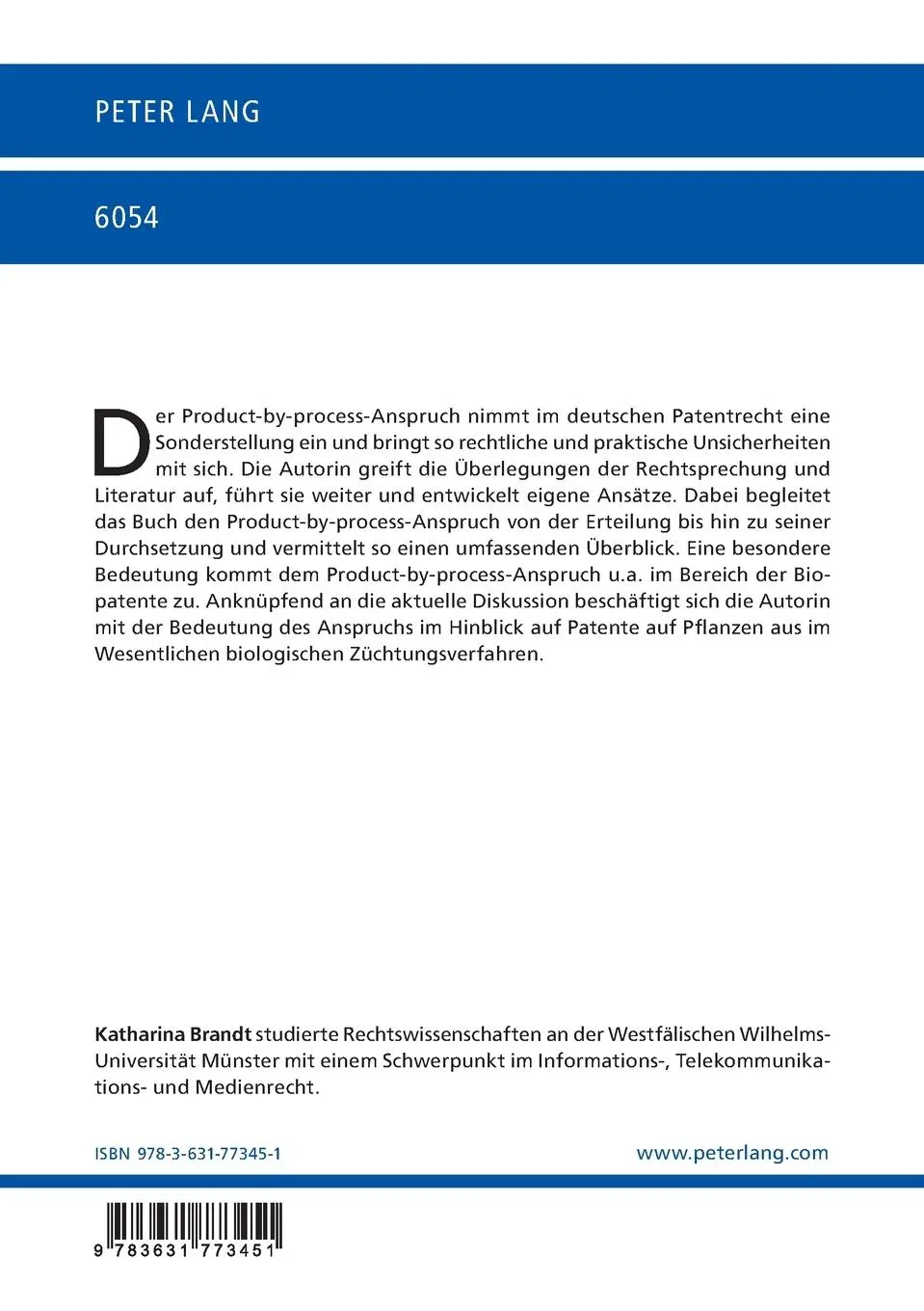 Rückseite: 9783631773451 | Der Product-by-process-Anspruch im System des deutschen Patentrechts