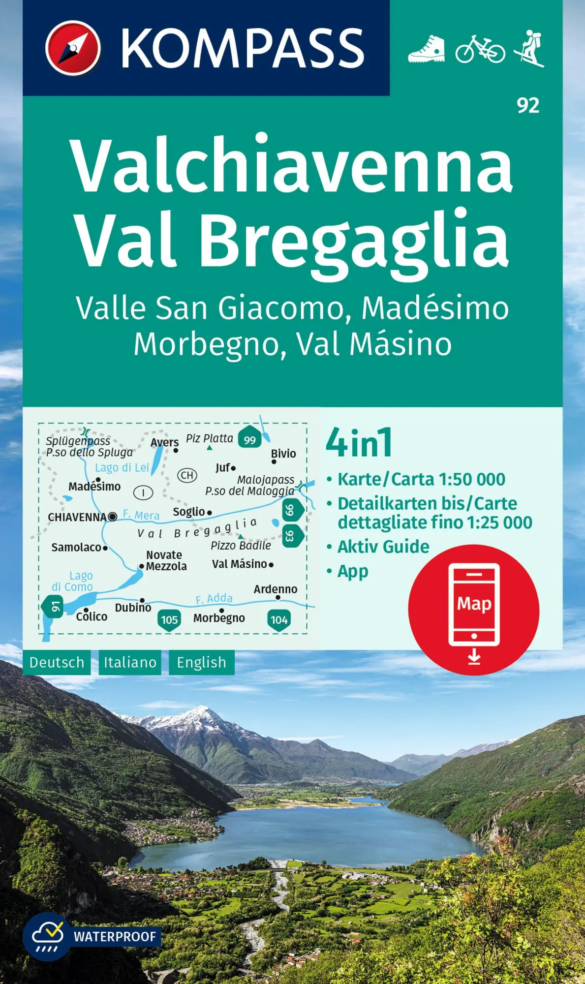 Cover: 9783991213451 | KOMPASS Wanderkarte 92 Chiavenna/Val Bregaglia 1:50.000 | (Land-)Karte