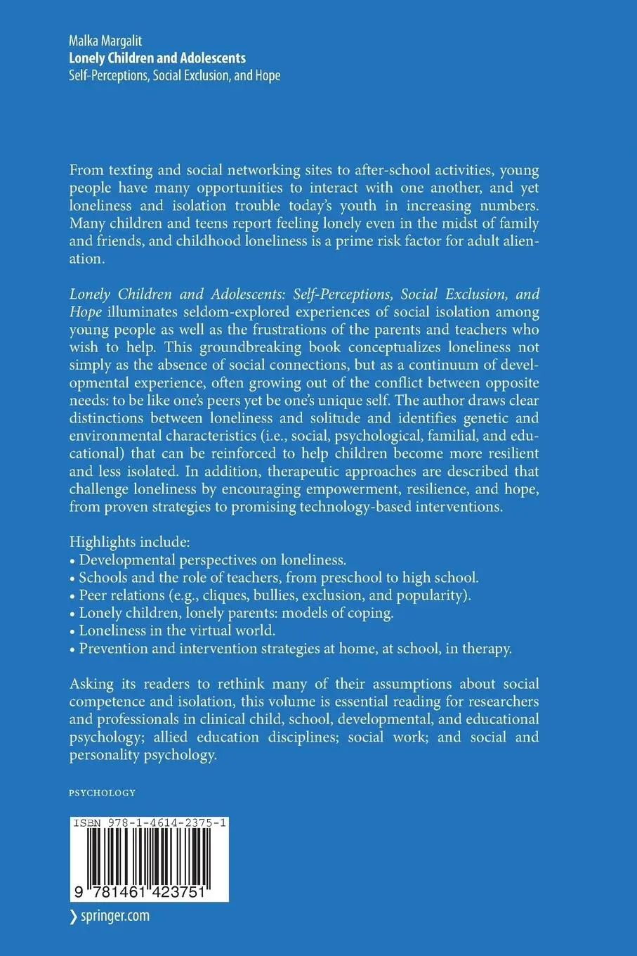 Rückseite: 9781461423751 | Lonely Children and Adolescents | Malka Margalit | Taschenbuch | xiv
