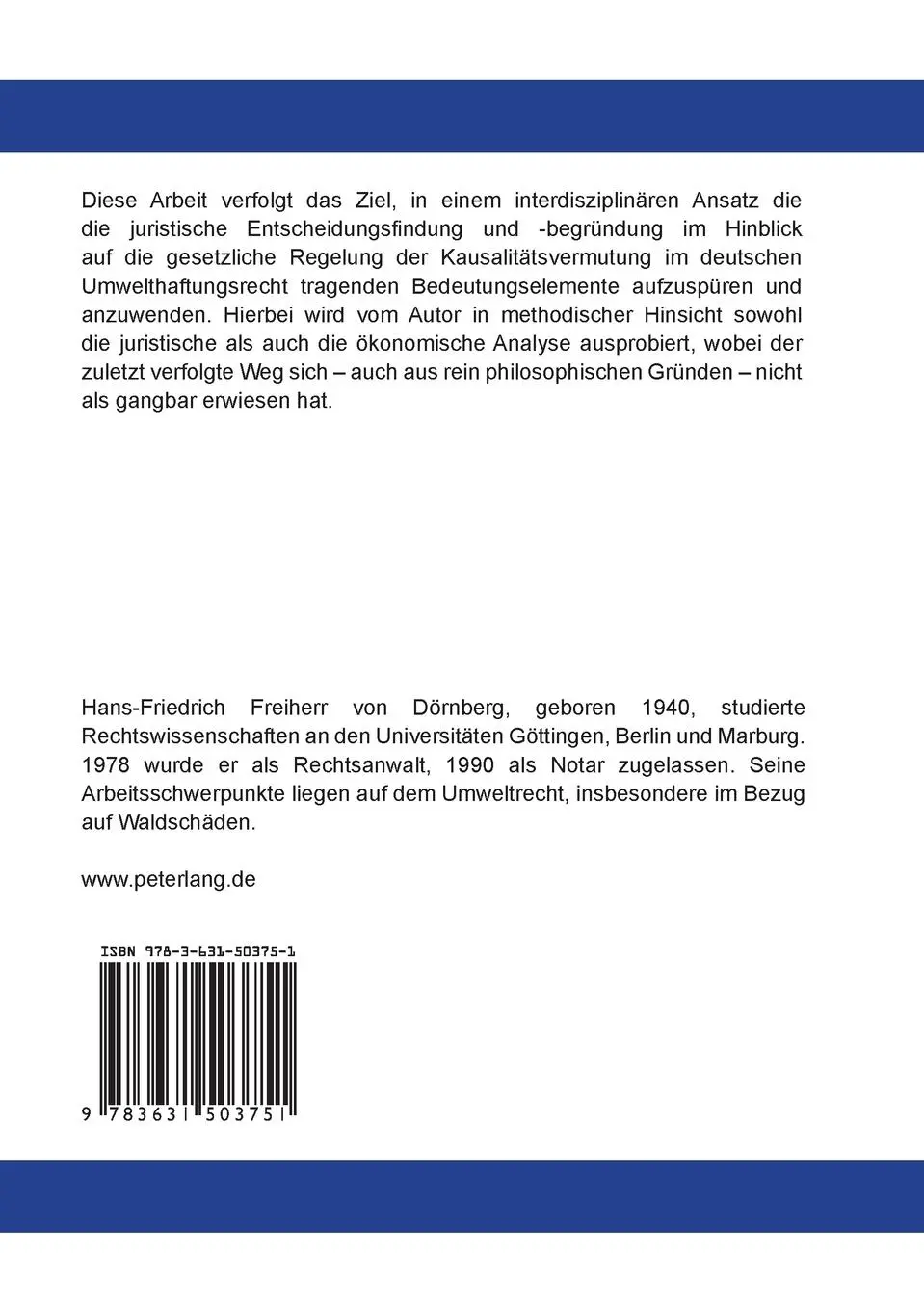 Rückseite: 9783631503751 | Die Kausalitätsvermutung im deutschen Umwelthaftungsrecht | Dörnberg