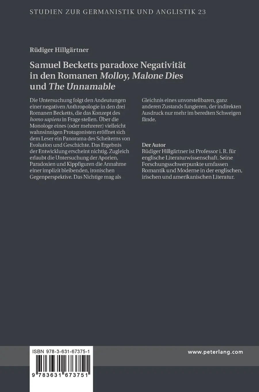 Rückseite: 9783631673751 | Samuel Becketts paradoxe Negativität in den Romanen 'Molloy',...