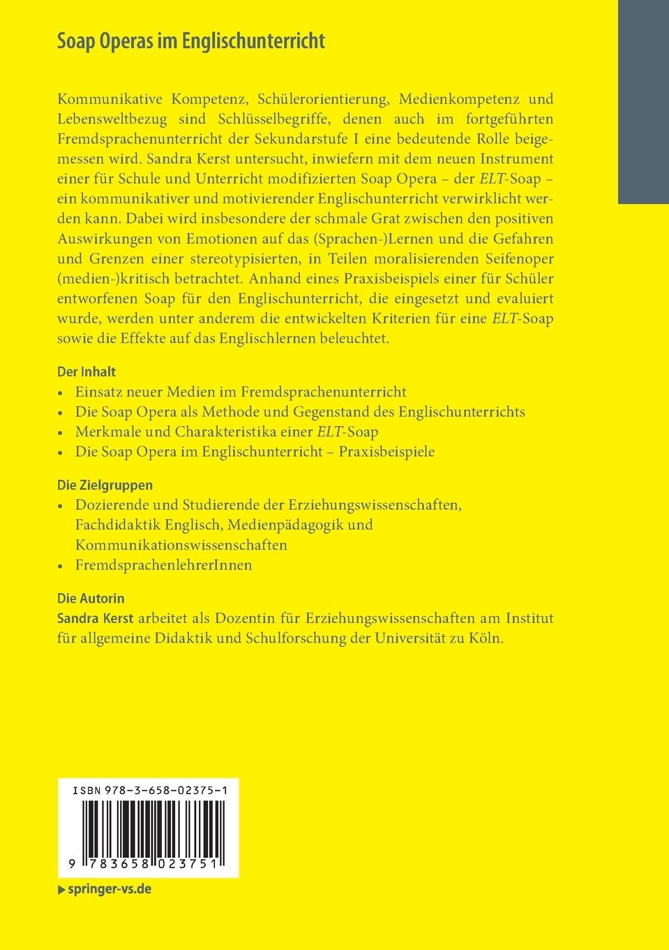Rückseite: 9783658023751 | Soap Operas im Englischunterricht | Sandra Kerst | Taschenbuch | ix