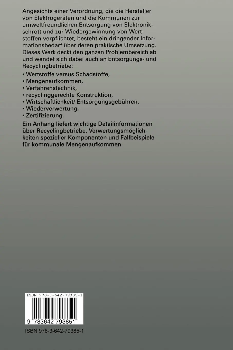 Rückseite: 9783642793851 | Recycling von Elektro- und Elektronikschrott | Walter Fichtler (u. a.)