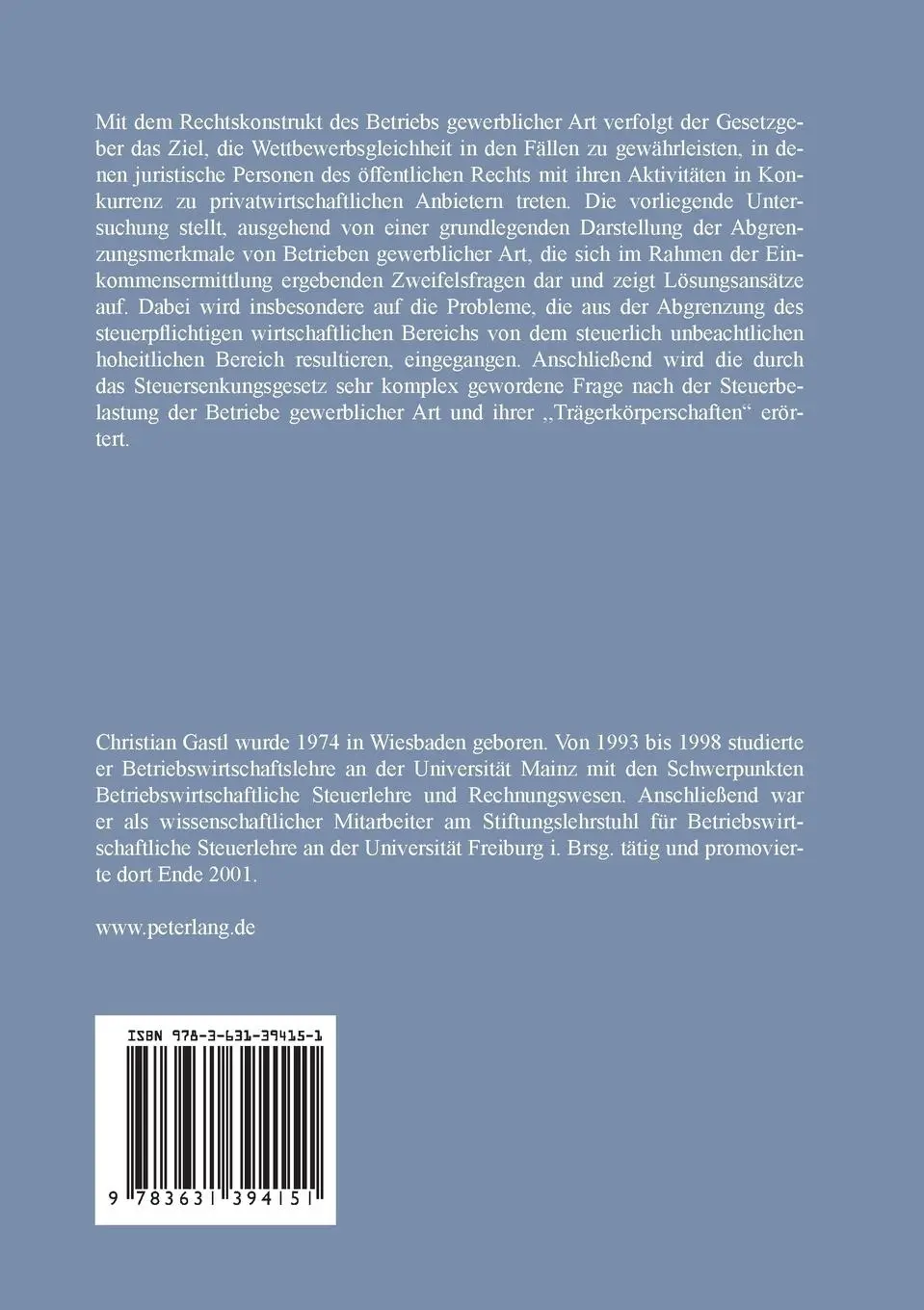 Rückseite: 9783631394151 | Betriebe gewerblicher Art im Körperschaftsteuerrecht | Christian Gastl