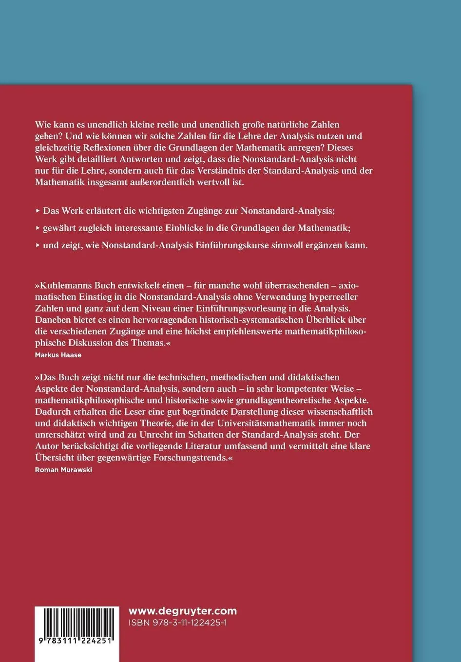 Rückseite: 9783111224251 | Nonstandard-Analysis | Karl Kuhlemann | Taschenbuch | XVIII | Deutsch