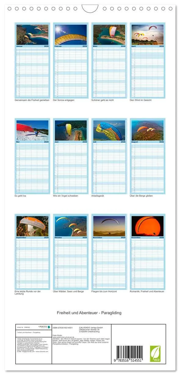 Bild: 9783516514551 | Familienplaner 2026 - Freiheit und Abenteuer - Paragliding mit 5...