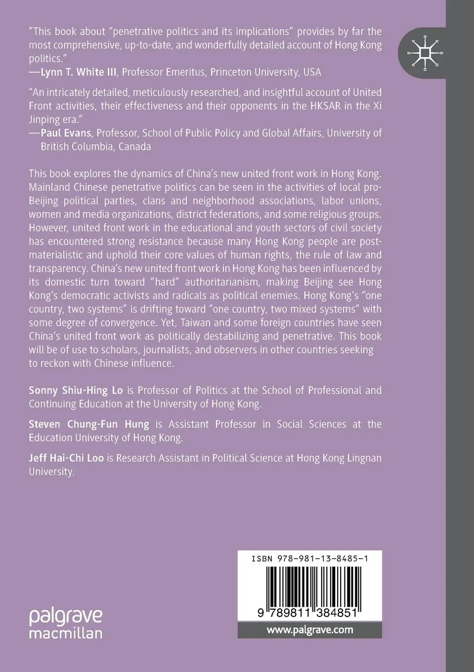 Rückseite: 9789811384851 | China's New United Front Work in Hong Kong | Lo (u. a.) | Taschenbuch