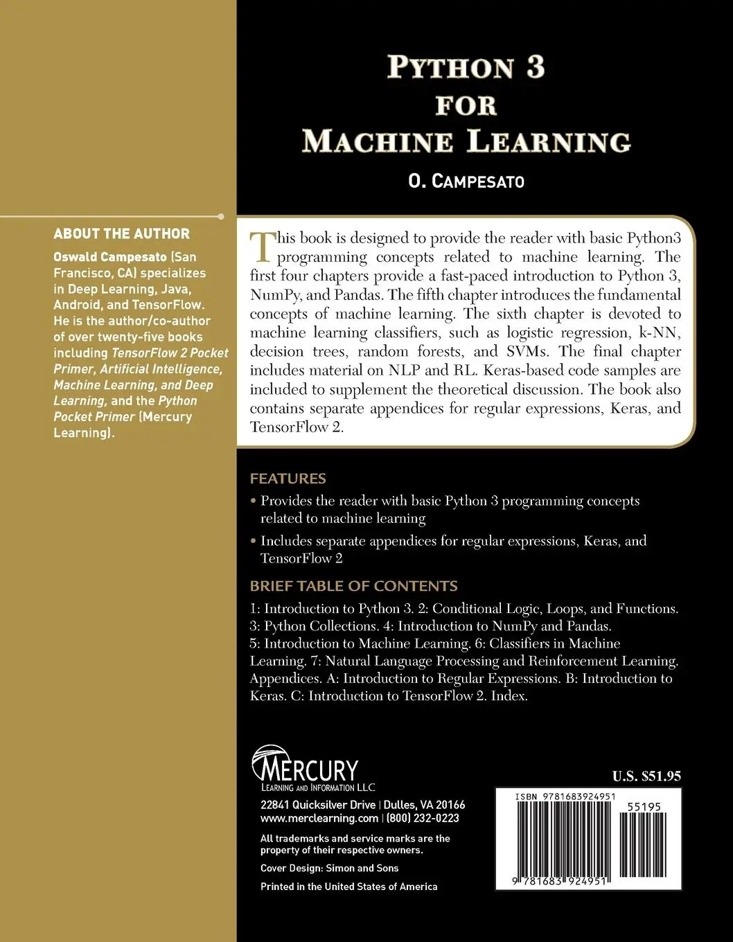 Rückseite: 9781683924951 | Python 3 for Machine Learning | Oswald Campesato | Taschenbuch | 2020