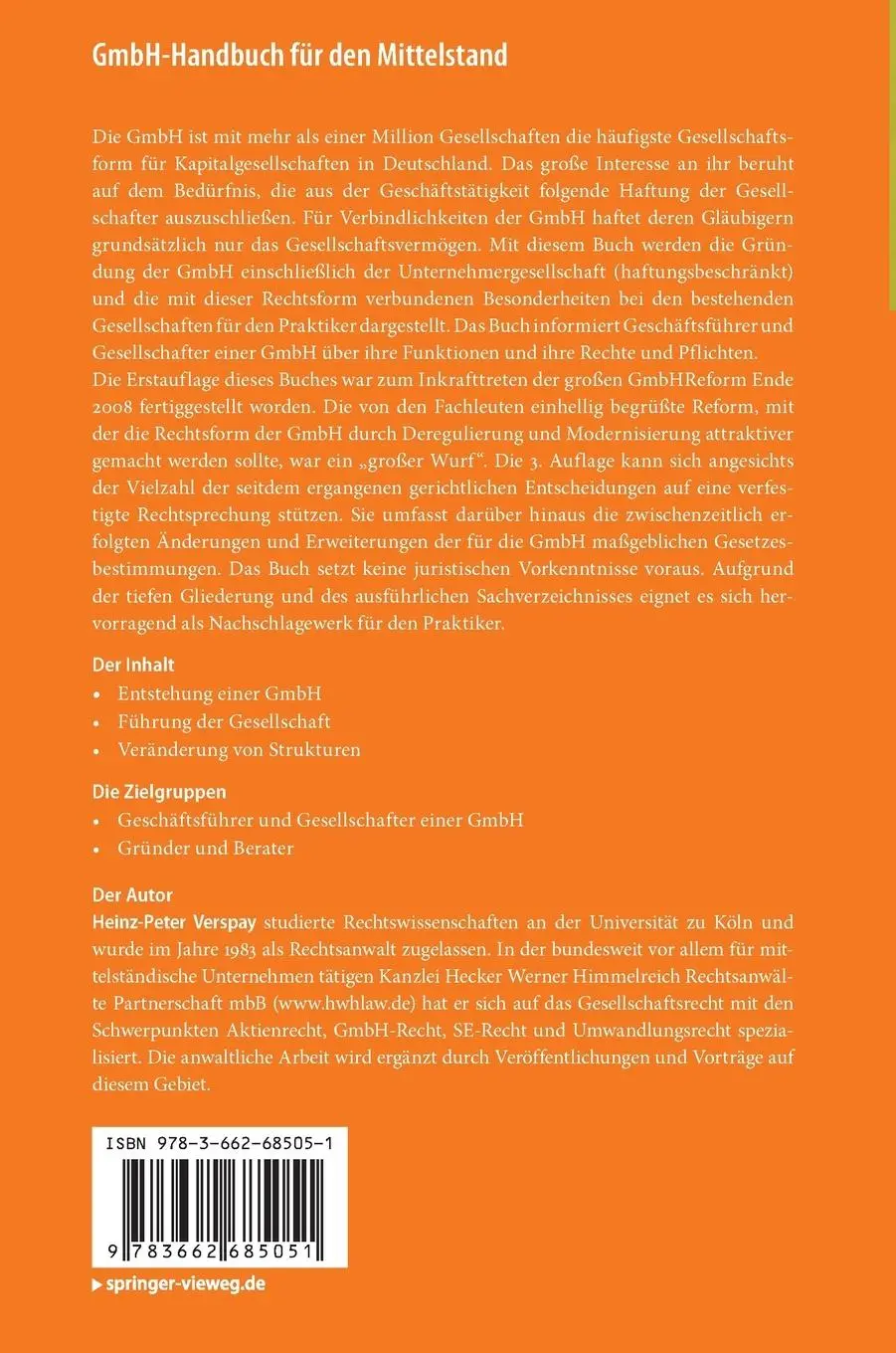 Rückseite: 9783662685051 | GmbH-Handbuch für den Mittelstand | Heinz-Peter Verspay | Buch | xix