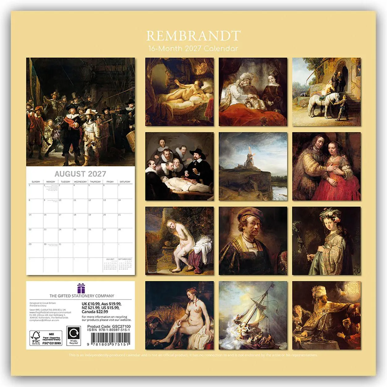 Rückseite: 9781805975151 | Rembrandt - Rembrandt van Rijn 2027 - 16-Monatskalender | Ltd | 28 S.