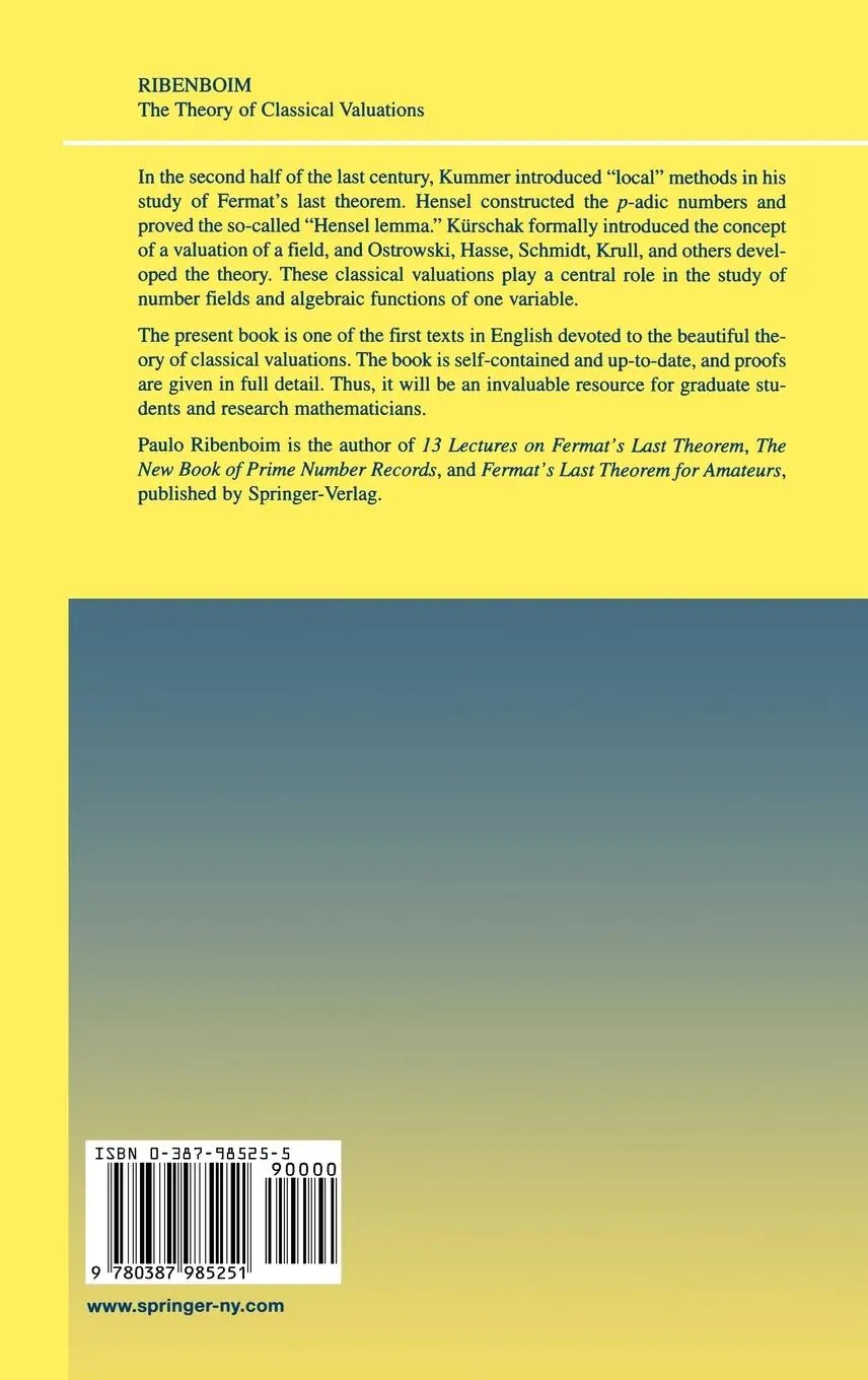 Rückseite: 9780387985251 | The Theory of Classical Valuations | Paulo Ribenboim | Buch | xi