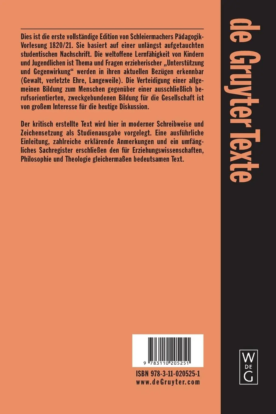 Rückseite: 9783110205251 | Pädagogik | Die Theorie der Erziehung von 1820/21 in einer Nachschrift