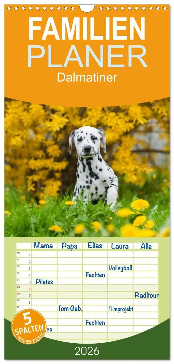 Cover: 9783516515251 | Familienplaner 2026 - Dalmatiner mit 5 Spalten (Wandkalender, 21 x...