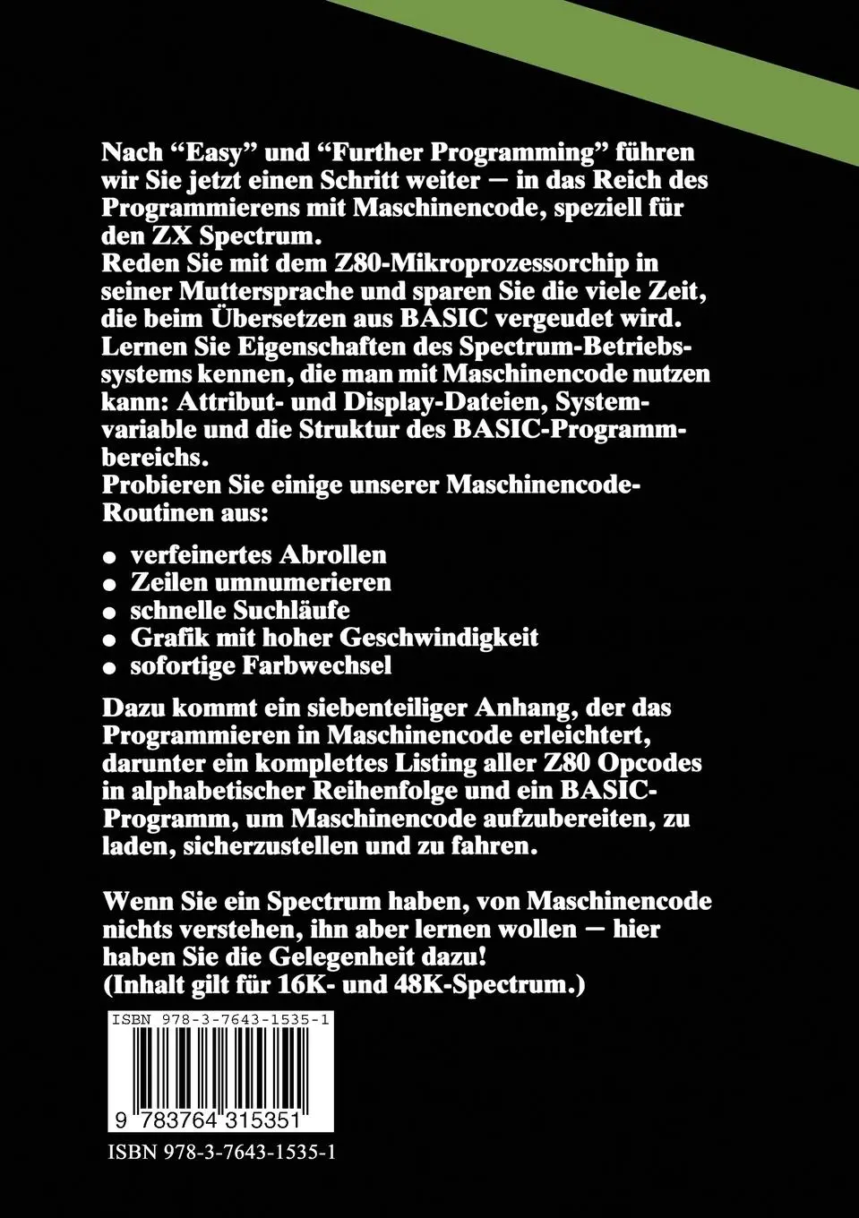 Rückseite: 9783764315351 | ZX Spectrum Maschinencode | Jones (u. a.) | Taschenbuch | 128 S.