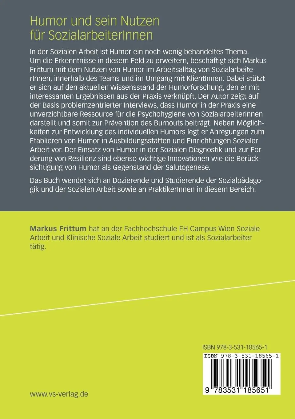 Rückseite: 9783531185651 | Humor und sein Nutzen für SozialarbeiterInnen | Markus Frittum | Buch